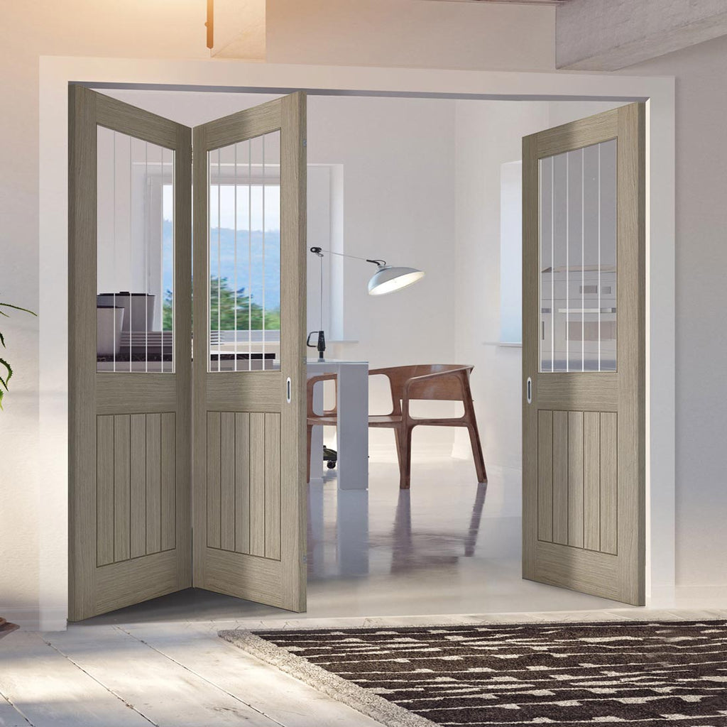 Three Folding Doors & Frame Kit - Belize Light Grey 2+1  - Clear Glass Frosted Lines - Prefinished