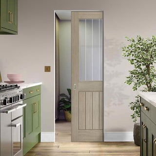 Image: Belize Light Grey Absolute Evokit Single Pocket Door  - Clear Glass Frosted Lines - Prefinished