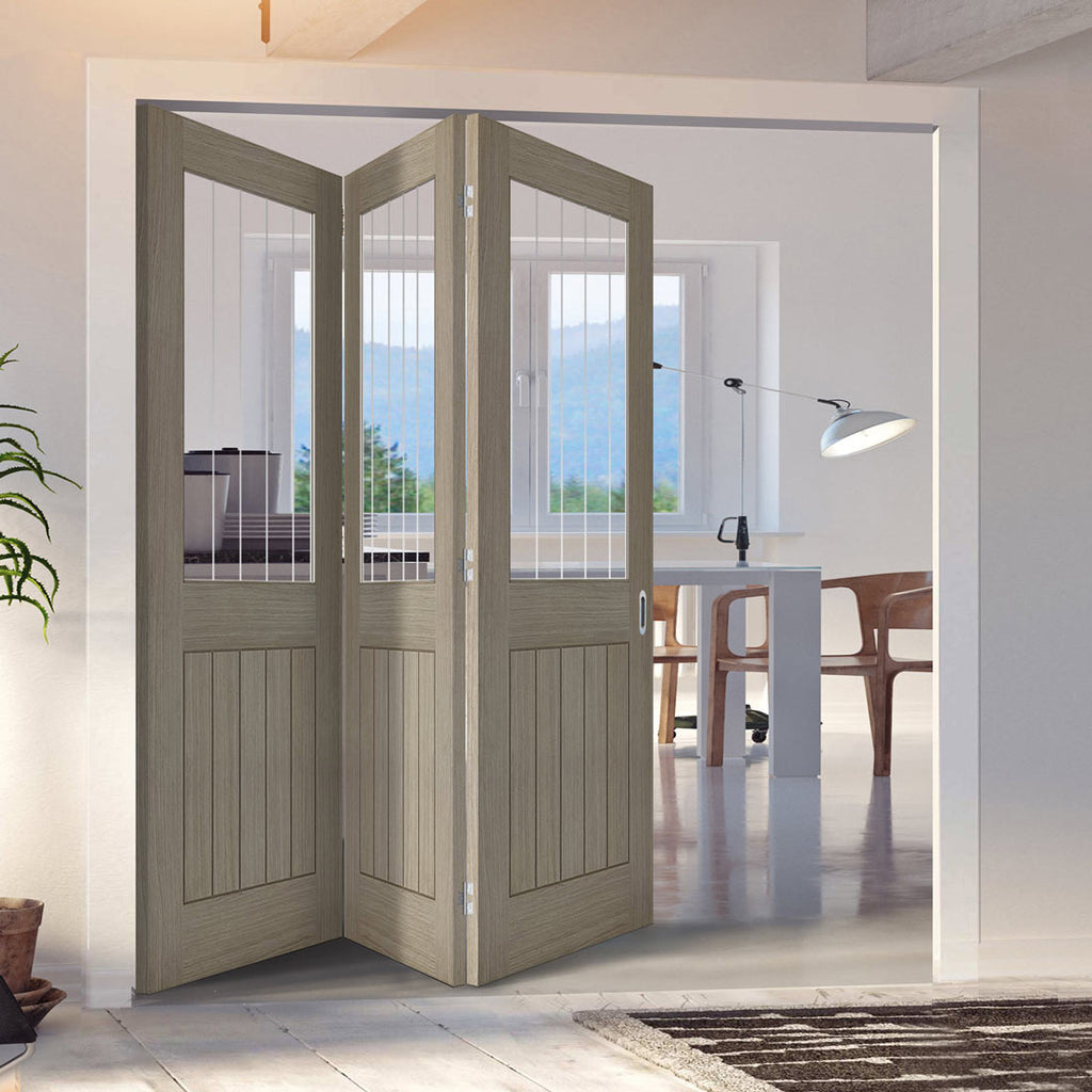 Three Folding Doors & Frame Kit - Belize Light Grey 3+0  - Clear Glass Frosted Lines - Prefinished