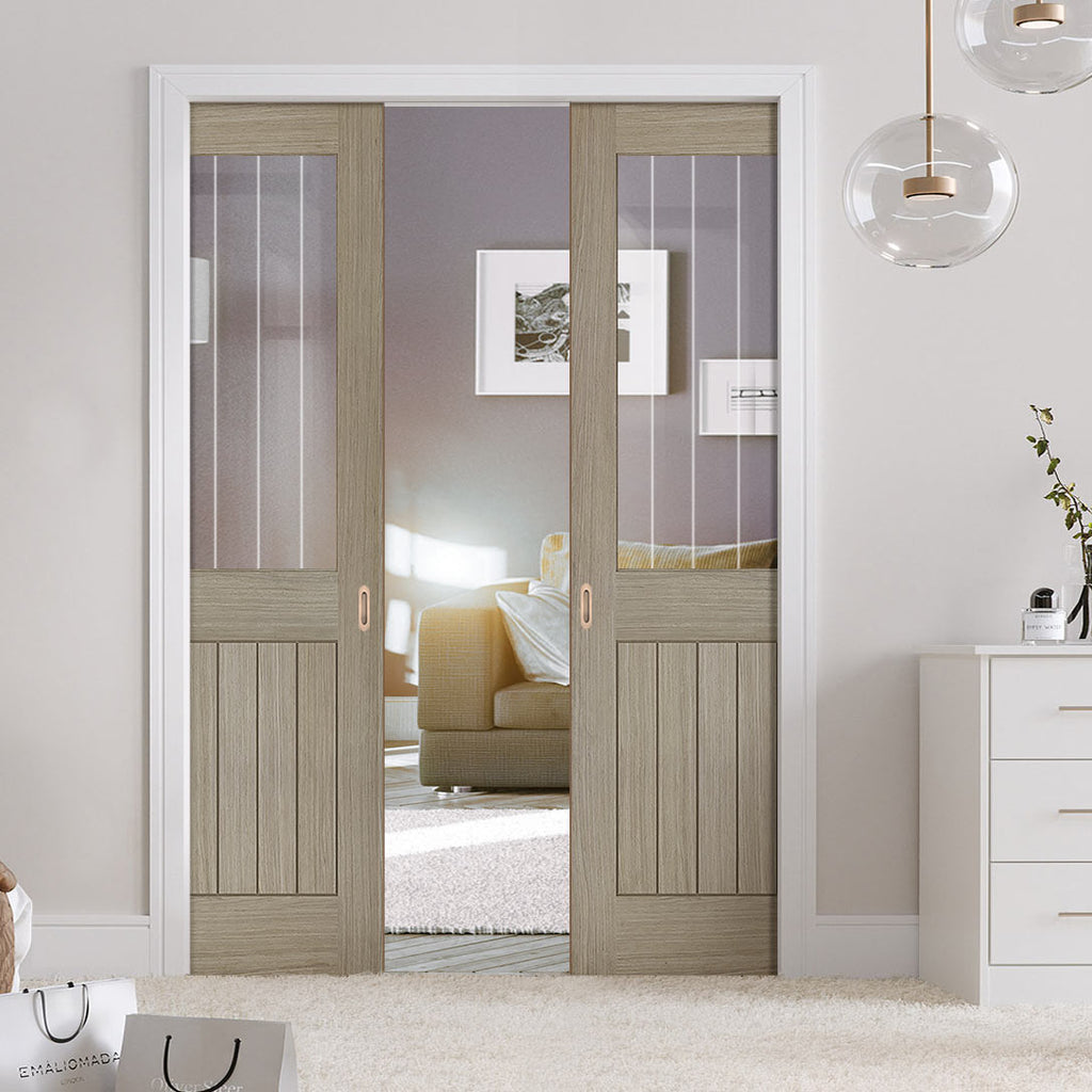 Belize Light Grey Double Evokit Pocket Doors  - Clear Glass Frosted Lines - Prefinished