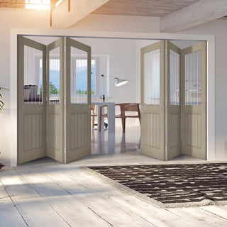 Image: Six Folding Doors & Frame Kit - Belize Light Grey 3+3  - Clear Glass Frosted Lines - Prefinished