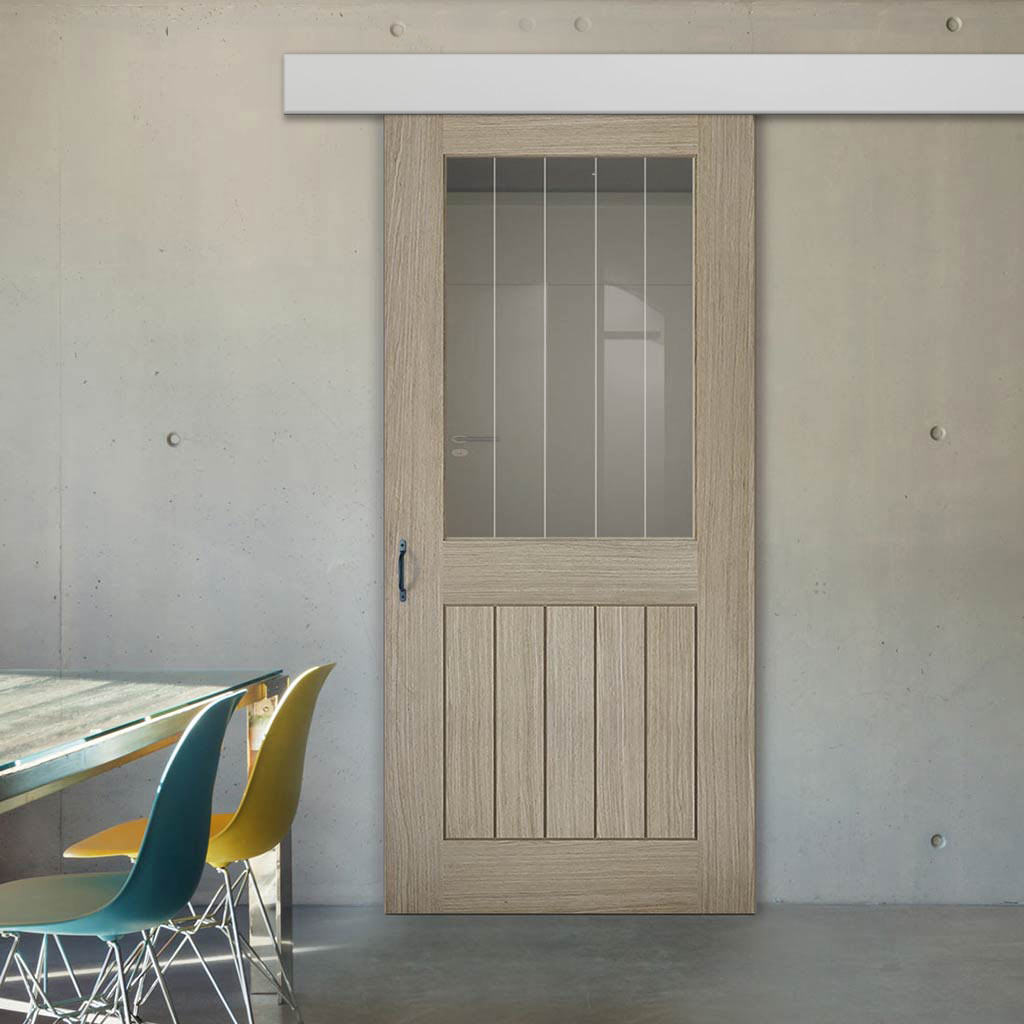 Single Sliding Door & Wall Track - Belize Light Grey Door  - Clear Glass Frosted Lines - Prefinished