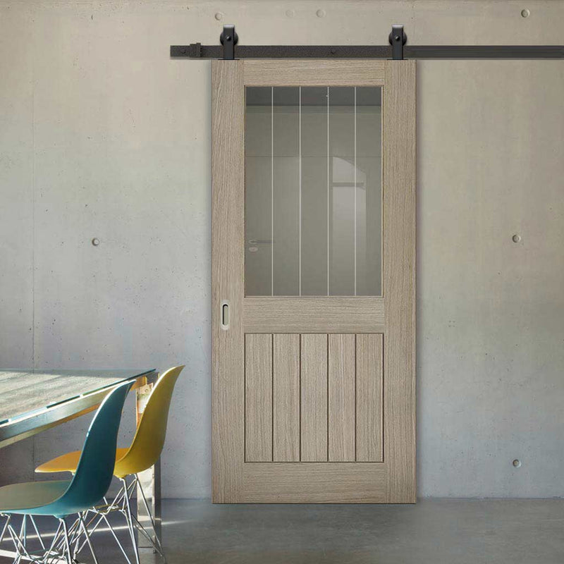 Top Mounted Black Sliding Track & Door - Belize Light Grey Door  - Clear Glass Frosted Lines - Prefinished
