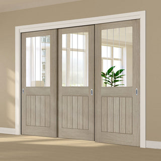 Image: Pass-Easi Three Sliding Doors and Frame Kit - Belize Light Grey Door  - Clear Glass Frosted Lines - Prefinished