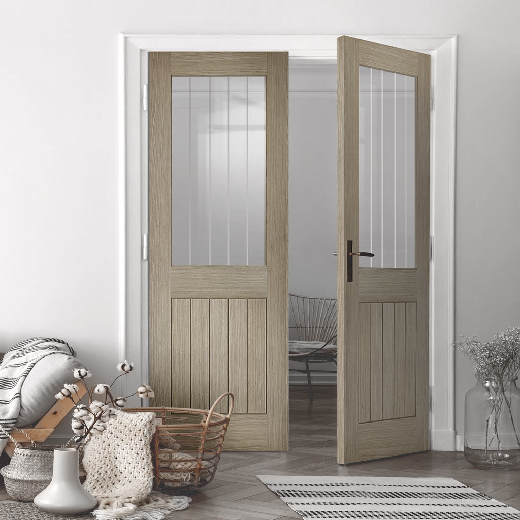 Belize Light Grey Internal Door Pair  - Clear Glass Frosted Lines - Prefinished
