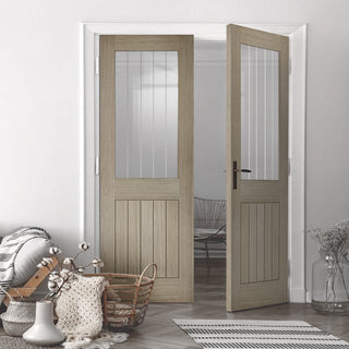 Image: Belize Light Grey Internal Door Pair  - Clear Glass Frosted Lines - Prefinished