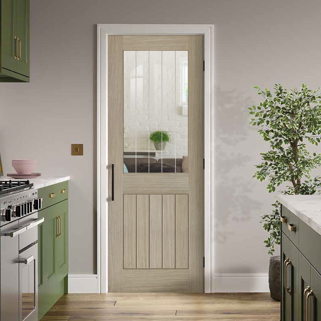 Belize Light Grey Internal Door  - Clear Glass Frosted Lines - Prefinished
