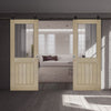Top Mounted Black Sliding Track & Double Door - Belize Light Grey Doors  - Clear Glass Frosted Lines - Prefinished