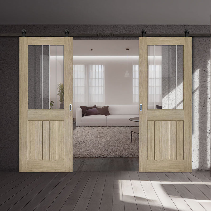 Top Mounted Black Sliding Track & Double Door - Belize Light Grey Doors  - Clear Glass Frosted Lines - Prefinished
