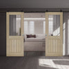 Top Mounted Black Sliding Track & Double Door - Belize Light Grey Doors  - Clear Glass Frosted Lines - Prefinished