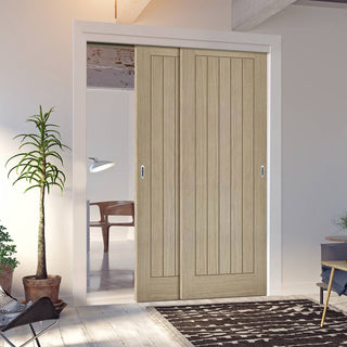 Image: Pass-Easi Two Sliding Doors and Frame Kit - Belize Light Grey Door - Prefinished