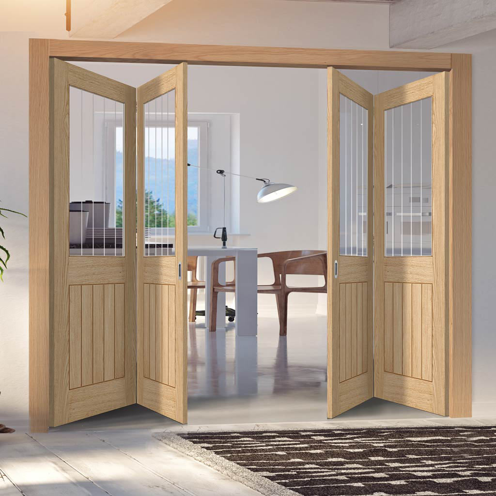Four Folding Doors & Frame Kit - Belize Oak 2+2 - Silkscreen Etched Glass - Prefinished