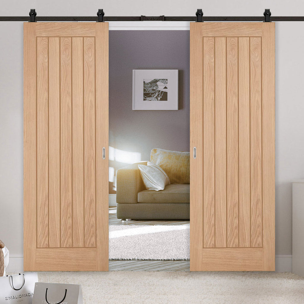 Top Mounted Black Sliding Track & Double Door - Belize Oak Doors - Unfinished