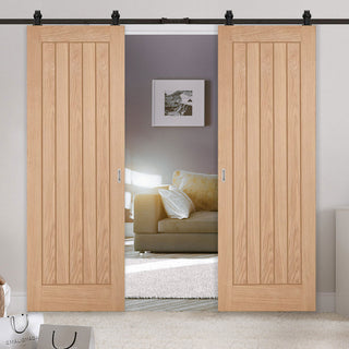 Image: Top Mounted Black Sliding Track & Double Door - Belize Oak Doors - Unfinished