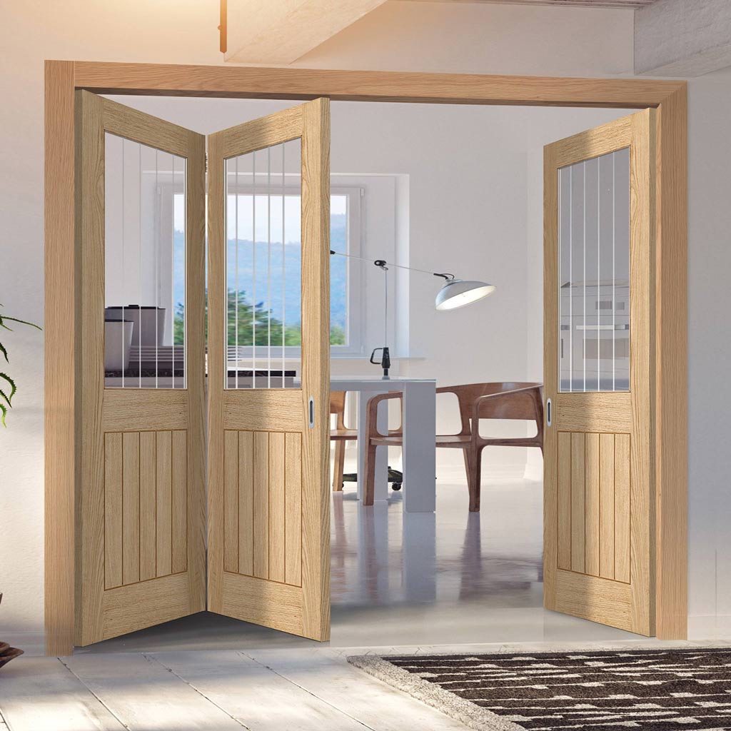 Three Folding Doors & Frame Kit - Belize Oak 2+1 - Silkscreen Etched Glass - Prefinished