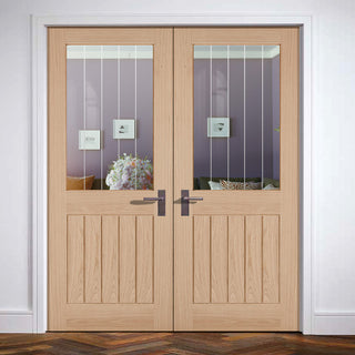 Image: Belize Oak Door Pair - Silkscreen Etched Clear Glass