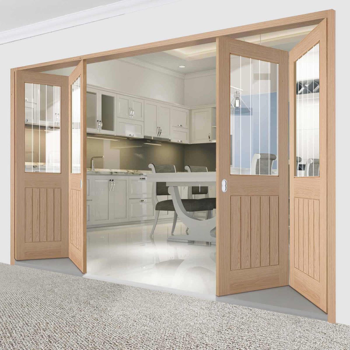 Four Folding Doors & Frame Kit - Belize Oak 2+2 - Silkscreen Etched Clear Glass - Unfinished