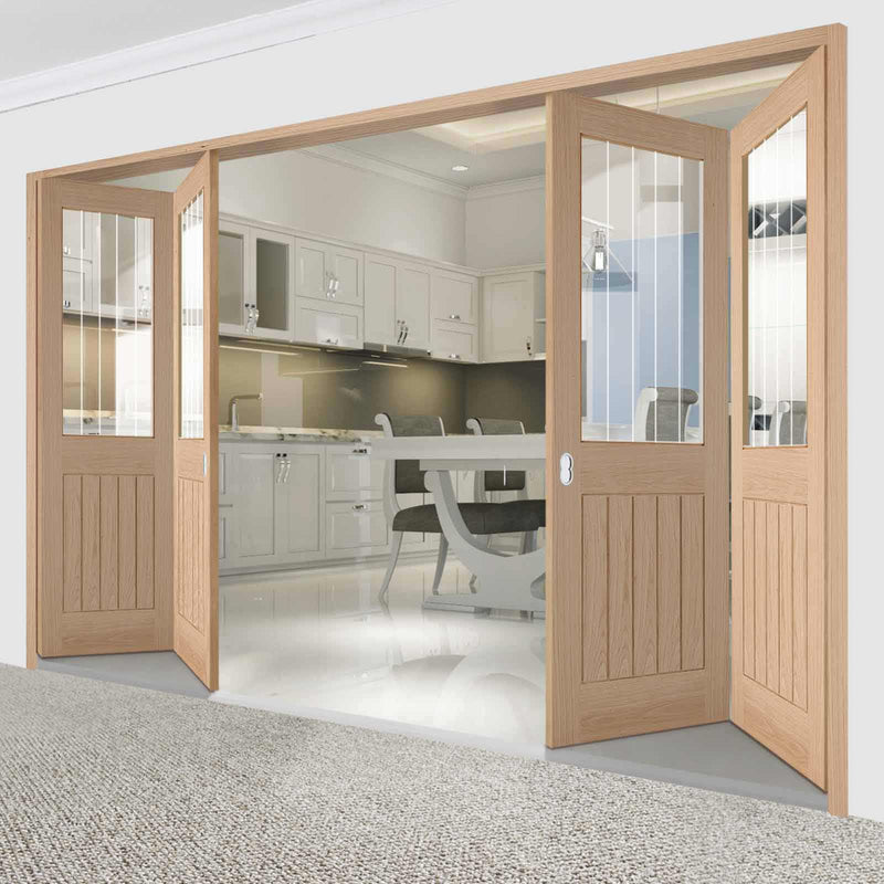 Four Folding Doors & Frame Kit - Belize Oak 2+2 - Silkscreen Etched Clear Glass - Unfinished