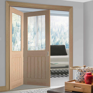 Image: Two Folding Doors & Frame Kit - Belize Oak 2+0 - Silkscreen Etched Clear Glass - Unfinished