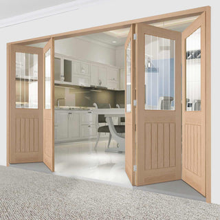 Image: Five Folding Doors & Frame Kit - Belize Oak 3+2 - Silkscreen Etched Clear Glass - Unfinished