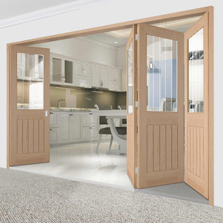 Image: Four Folding Doors & Frame Kit - Belize Oak 3+1 - Silkscreen Etched Clear Glass - Unfinished