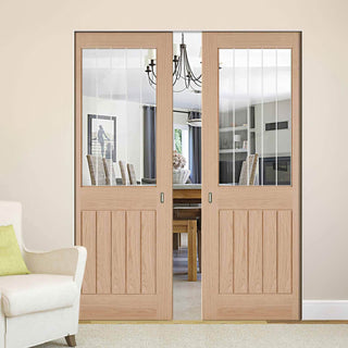 Image: Belize Oak Absolute Evokit Double Pocket Doors - Silkscreen Etched Clear Glass - Unfinished