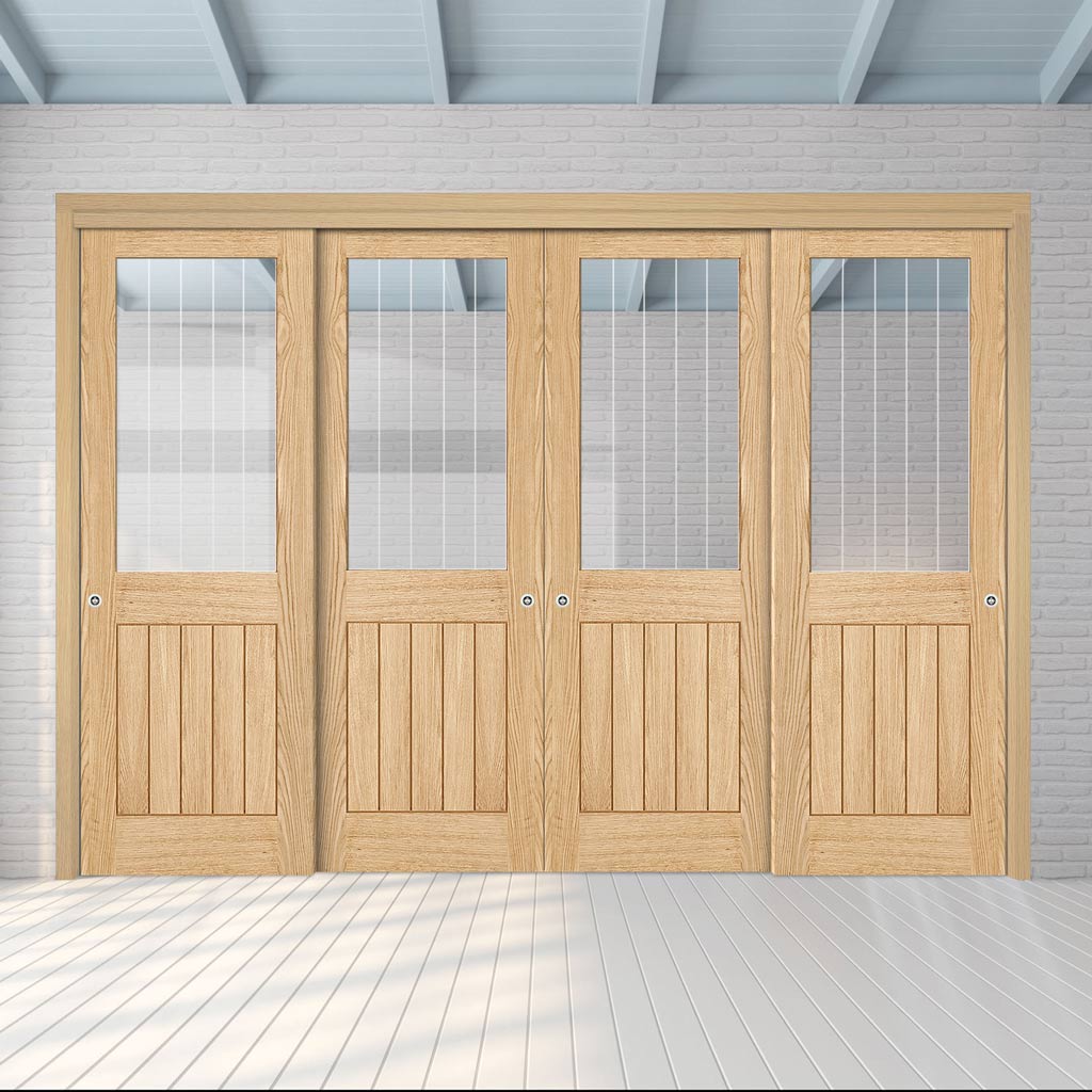 Pass-Easi Four Sliding Doors and Frame Kit - Belize Oak Door - Silkscreen Etched Glass - Prefinished
