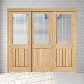 Image: Pass-Easi Three Sliding Doors and Frame Kit - Belize Oak Door - Silkscreen Etched Glass - Prefinished