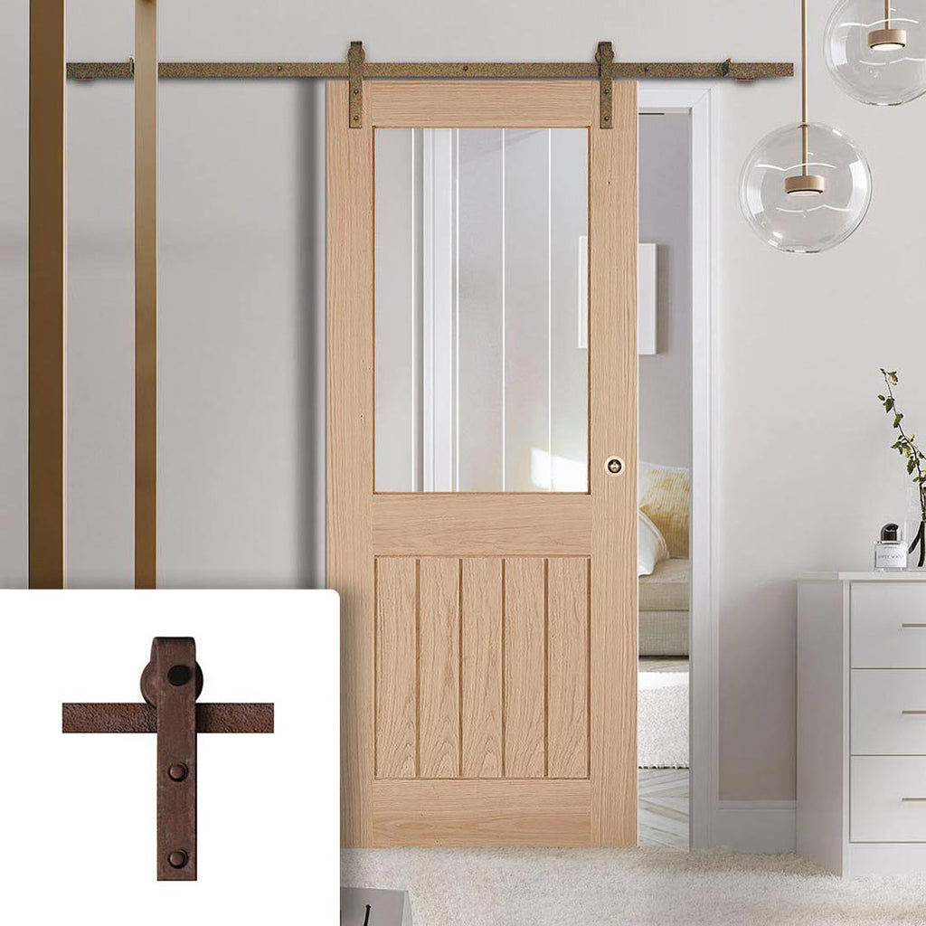Single Sliding Door & Straight Antique Rust Track - Belize Oak Door - Silkscreen Etched Clear Glass - Unfinished