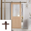 Single Sliding Door & Straight Antique Rust Track - Belize Oak Door - Silkscreen Etched Clear Glass - Unfinished