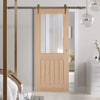 Single Sliding Door & Straight Antique Rust Track - Belize Oak Door - Silkscreen Etched Clear Glass - Unfinished