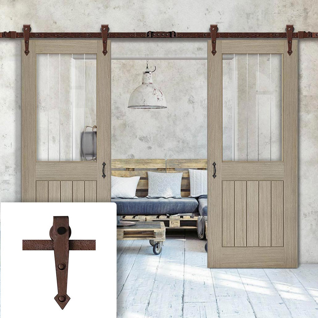 Double Sliding Door & Arrowhead Antique Rust Track - Belize Light Grey Door - Clear Glass Frosted Lines - Prefinished
