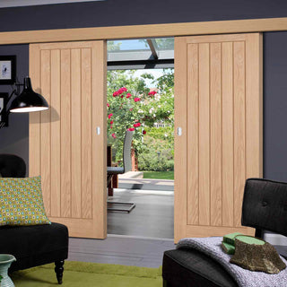 Image: Double Sliding Door & Wall Track - Belize Oak Doors - Unfinished