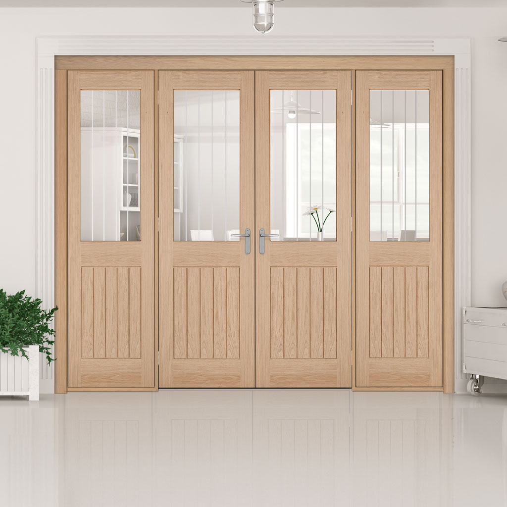ThruEasi Room Divider - Belize Oak Silkscreen Etched Glass Prefinished Double Doors with Double Sides