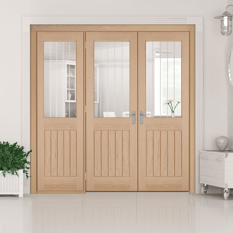 Room Divider - Belize Oak Silkscreen Etched Glass Prefinished Double Doors with Single Side