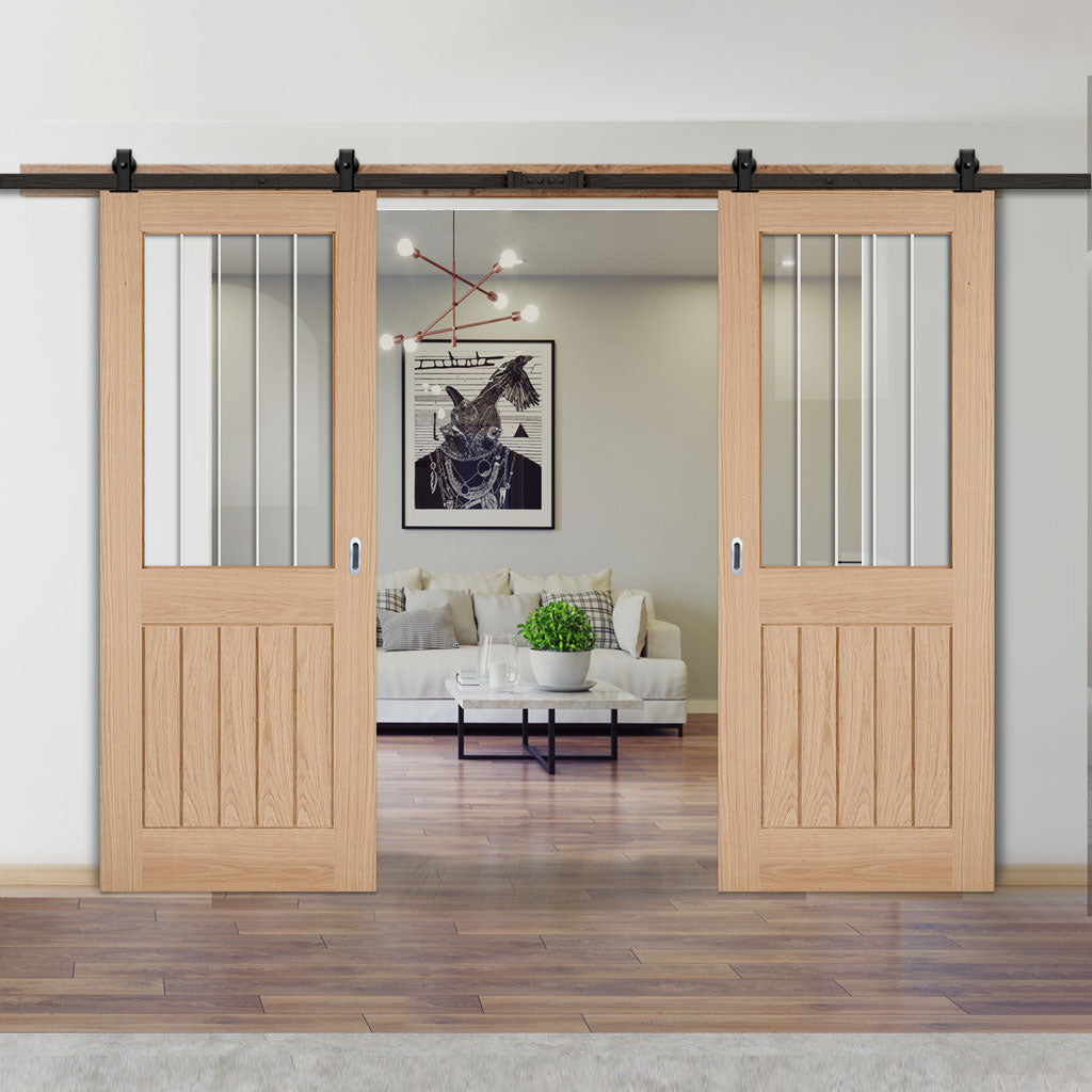 Top Mounted Black Sliding Track & Double Door - Belize Oak Doors - Silkscreen Etched Clear Glass - Unfinished