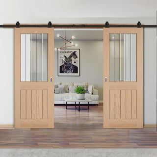 Image: Top Mounted Black Sliding Track & Double Door - Belize Oak Doors - Silkscreen Etched Clear Glass - Unfinished