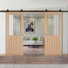 Top Mounted Black Sliding Track & Double Door - Belize Oak Doors - Silkscreen Etched Clear Glass - Unfinished