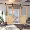 Double Sliding Door & Black Barn Track - Belize Oak Door - Silkscreen Etched Glass - Prefinished