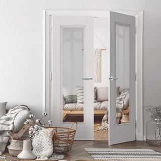 Image: J B Kind White Classic Belton Primed Door Pair - Clear Glass