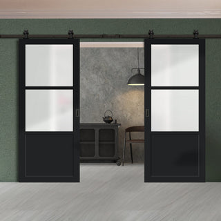 Image: Top Mounted Black Sliding Track & Solid Wood Double Doors - Eco-Urban® Berkley 2 Pane 1 Panel Doors DD6309SG - Frosted Glass - Shadow Black Premium Primed