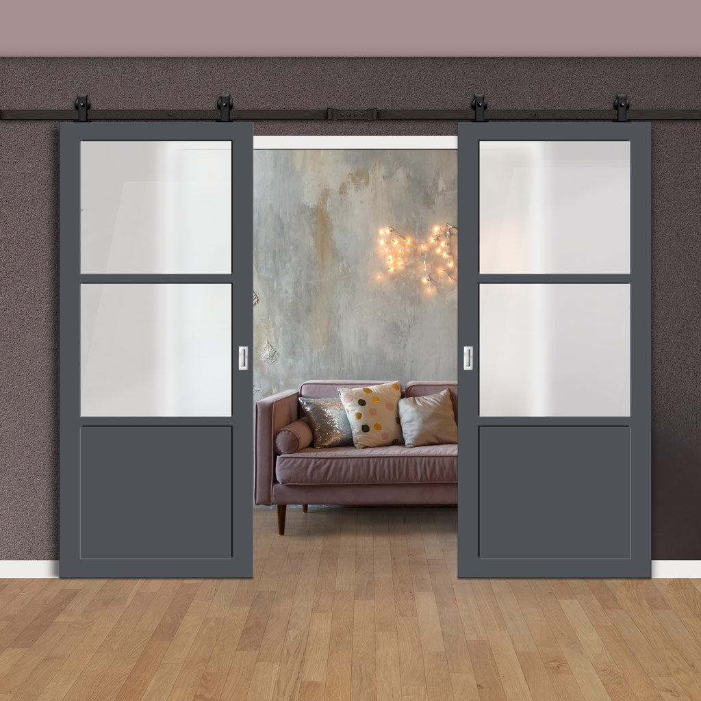 Top Mounted Black Sliding Track & Solid Wood Double Doors - Eco-Urban® Berkley 2 Pane 1 Panel Doors DD6309SG - Frosted Glass - Stormy Grey Premium Primed
