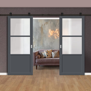 Image: Top Mounted Black Sliding Track & Solid Wood Double Doors - Eco-Urban® Berkley 2 Pane 1 Panel Doors DD6309SG - Frosted Glass - Stormy Grey Premium Primed