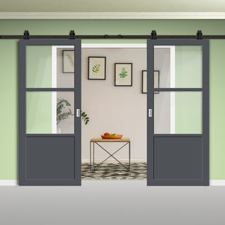 Image: Top Mounted Black Sliding Track & Solid Wood Double Doors - Eco-Urban® Berkley 2 Pane 1 Panel Doors DD6309G - Clear Glass - Stormy Grey Premium Primed