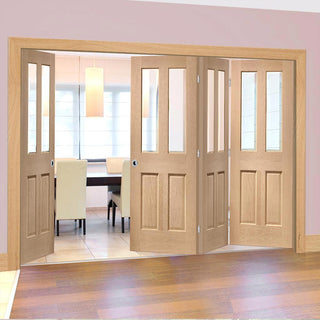 Image: Bespoke Thrufold Malton Oak Glazed Folding 3+1 Door No Raised Mouldings - Prefinished