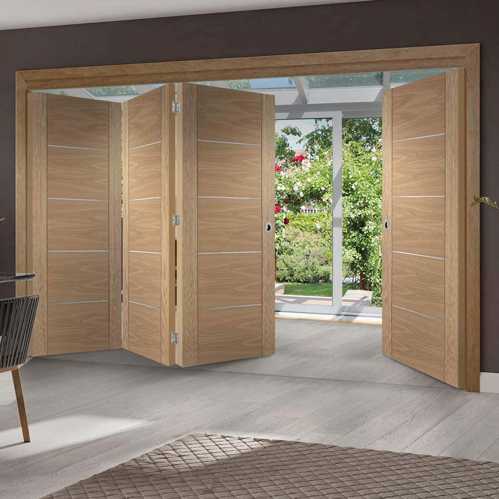 Bespoke Thrufold Portici Oak Flush Folding 3+1 Door - Aluminium Inlay - Prefinished