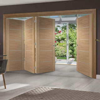 Image: Bespoke Thrufold Portici Oak Flush Folding 3+1 Door - Aluminium Inlay - Prefinished