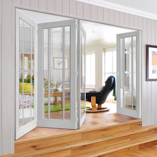 Image: Bespoke Thrufold Worcester White Primed 3L Folding 3+1 Door - Clear Glass