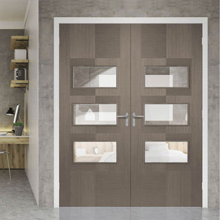 Image: Bespoke Apollo Chocolate Grey 3L Door Pair - Clear Glass - Prefinished