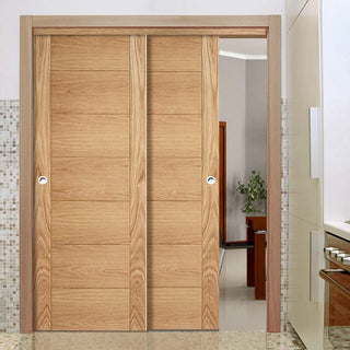 Image: Bespoke Thruslide Carini 7 Panel Oak Flush Door - 2 Sliding Doors and Frame Kit - Prefinished